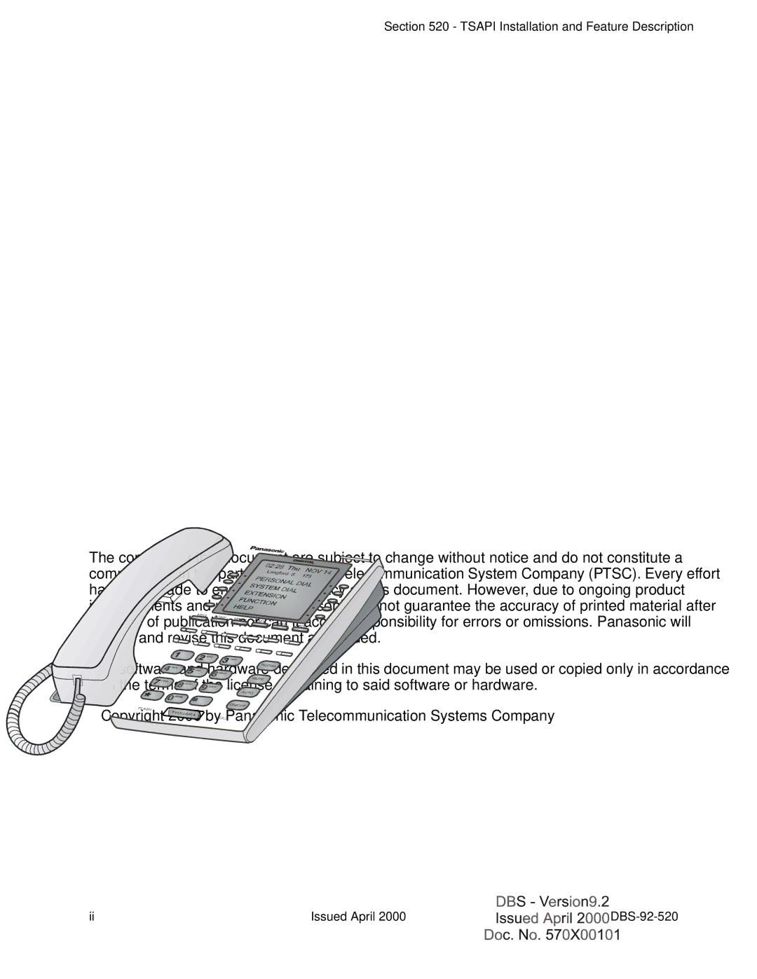 Panasonic Section 520 manual Tsapi Installation and Feature Description 