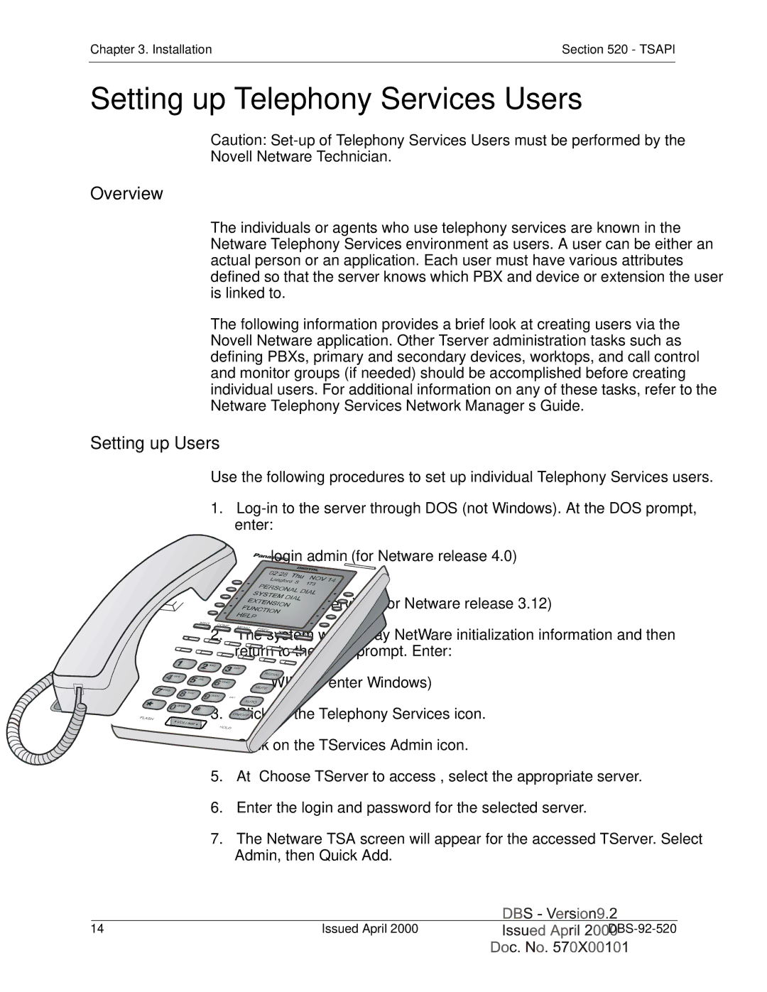 Panasonic Section 520 manual Setting up Telephony Services Users, Setting up Users 