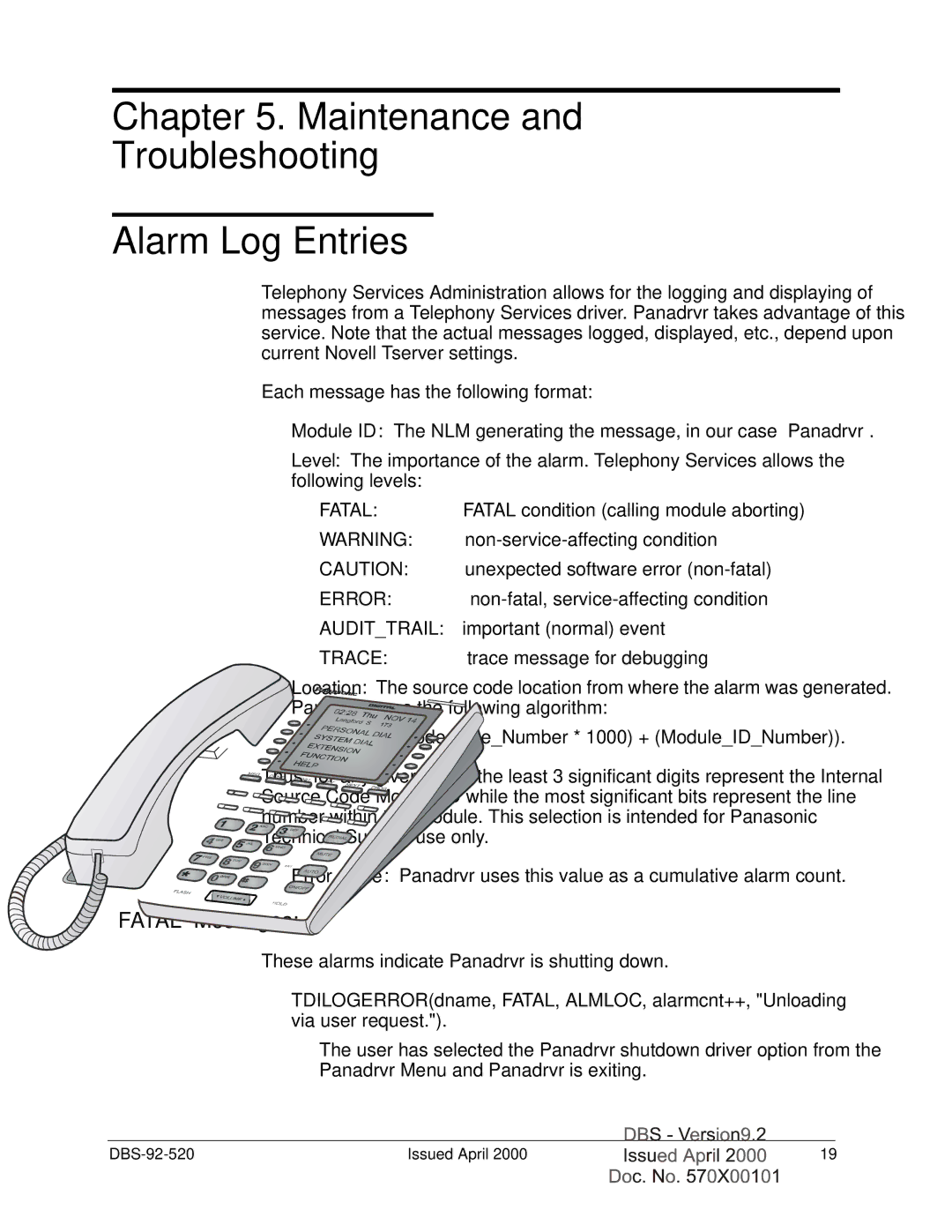 Panasonic Section 520 manual Maintenance Troubleshooting Alarm Log Entries, Fatal Messages 