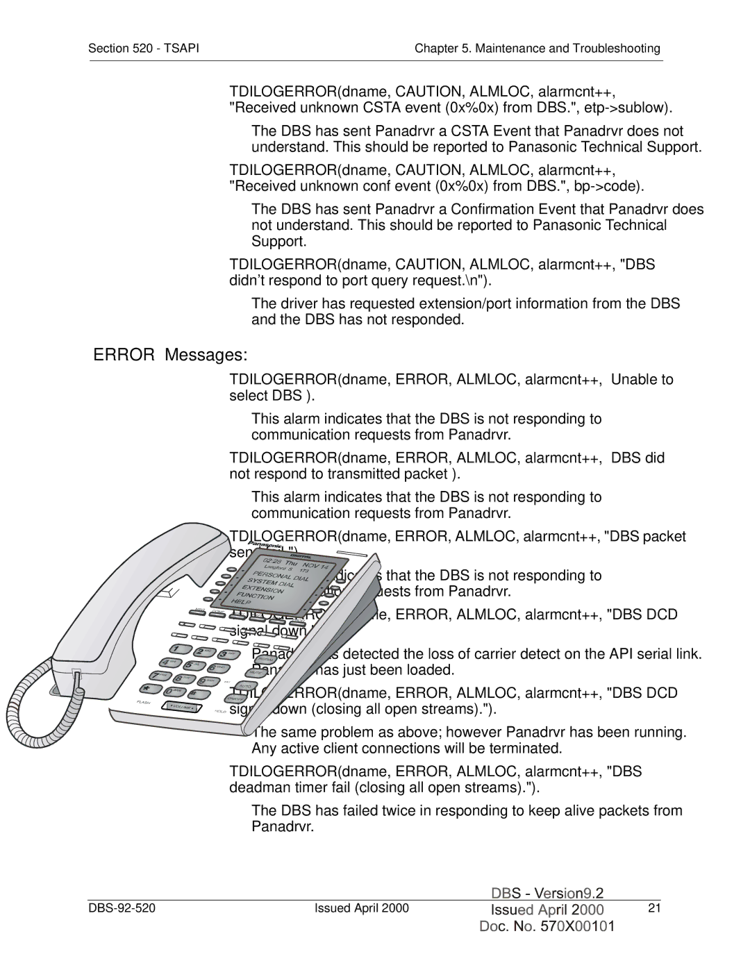 Panasonic Section 520 manual Error Messages 