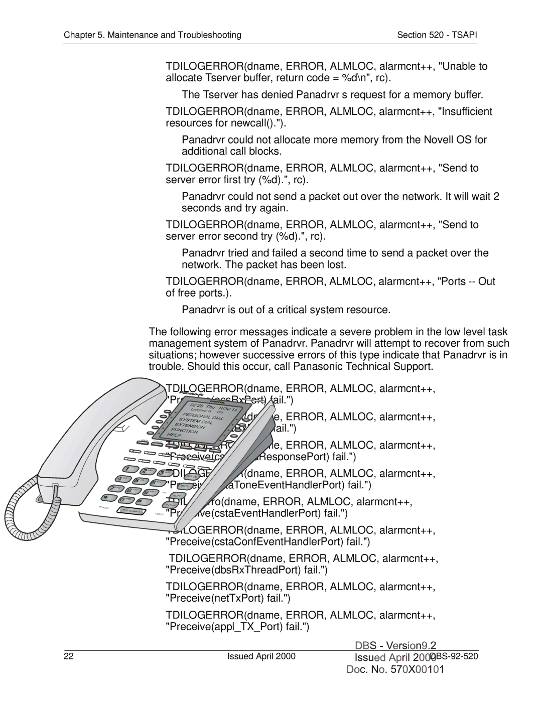 Panasonic Section 520 manual Maintenance and Troubleshooting Tsapi 