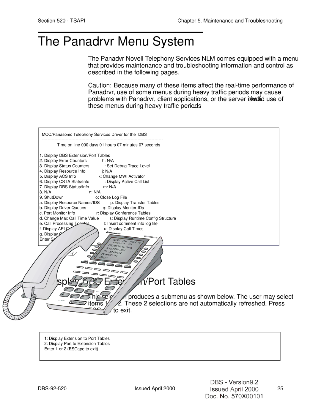 Panasonic Section 520 manual Panadrvr Menu System, Display DBS Extension/Port Tables 