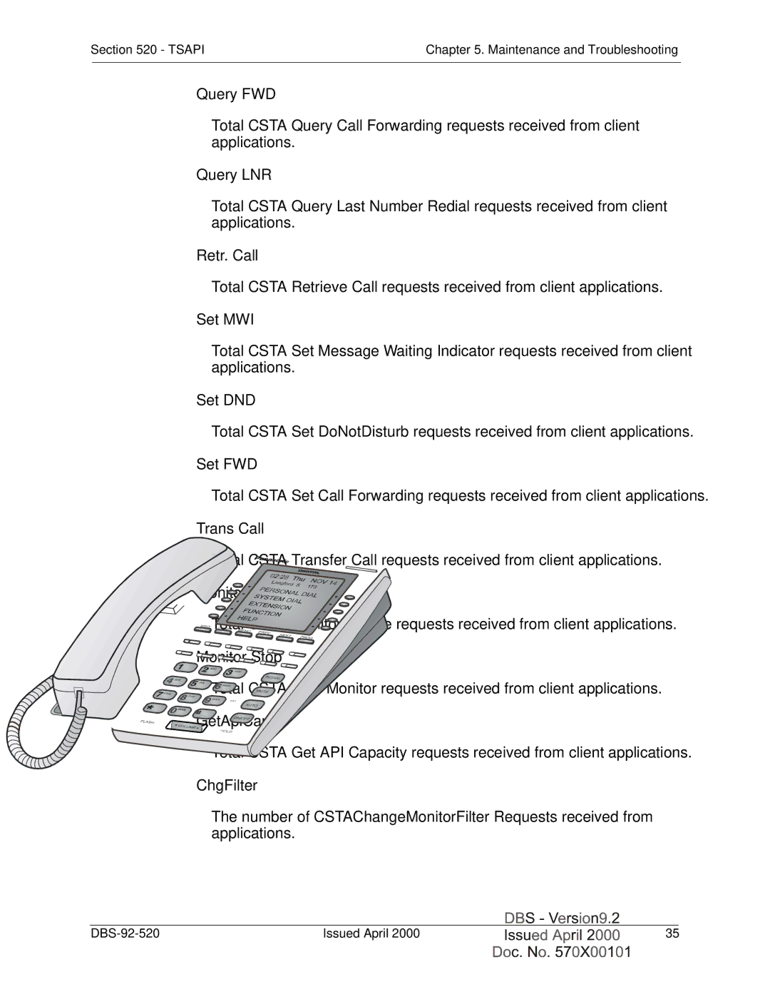 Panasonic Section 520 Query FWD, Query LNR, Retr. Call, Set MWI, Set DND, Set FWD, Trans Call, MonitorDev, Monitor Stop 