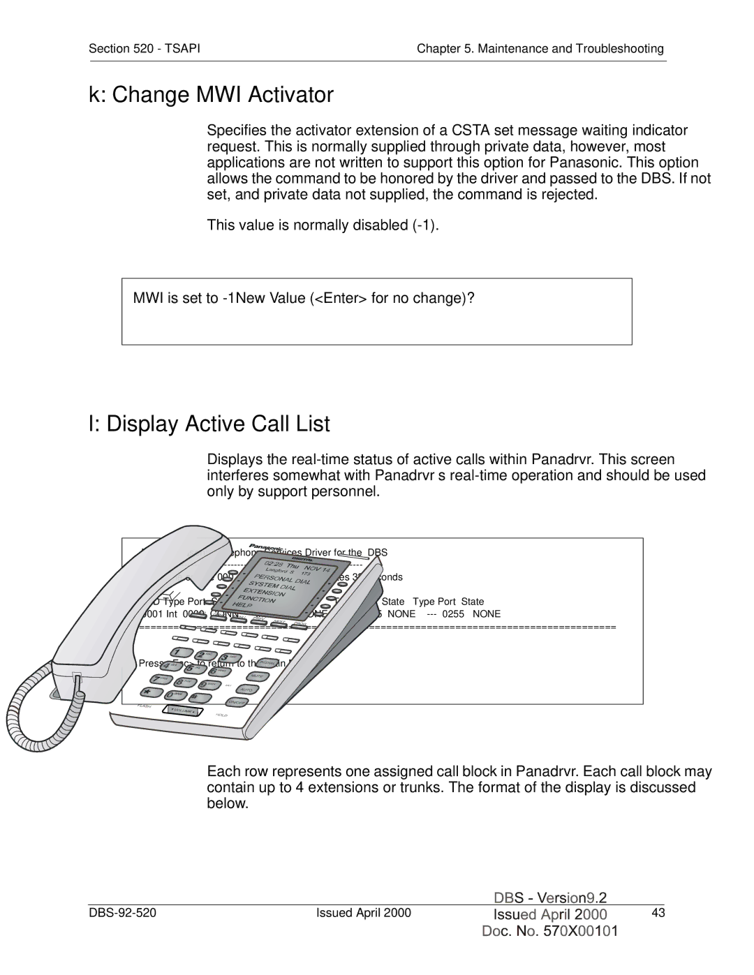 Panasonic Section 520 manual Change MWI Activator, Display Active Call List 