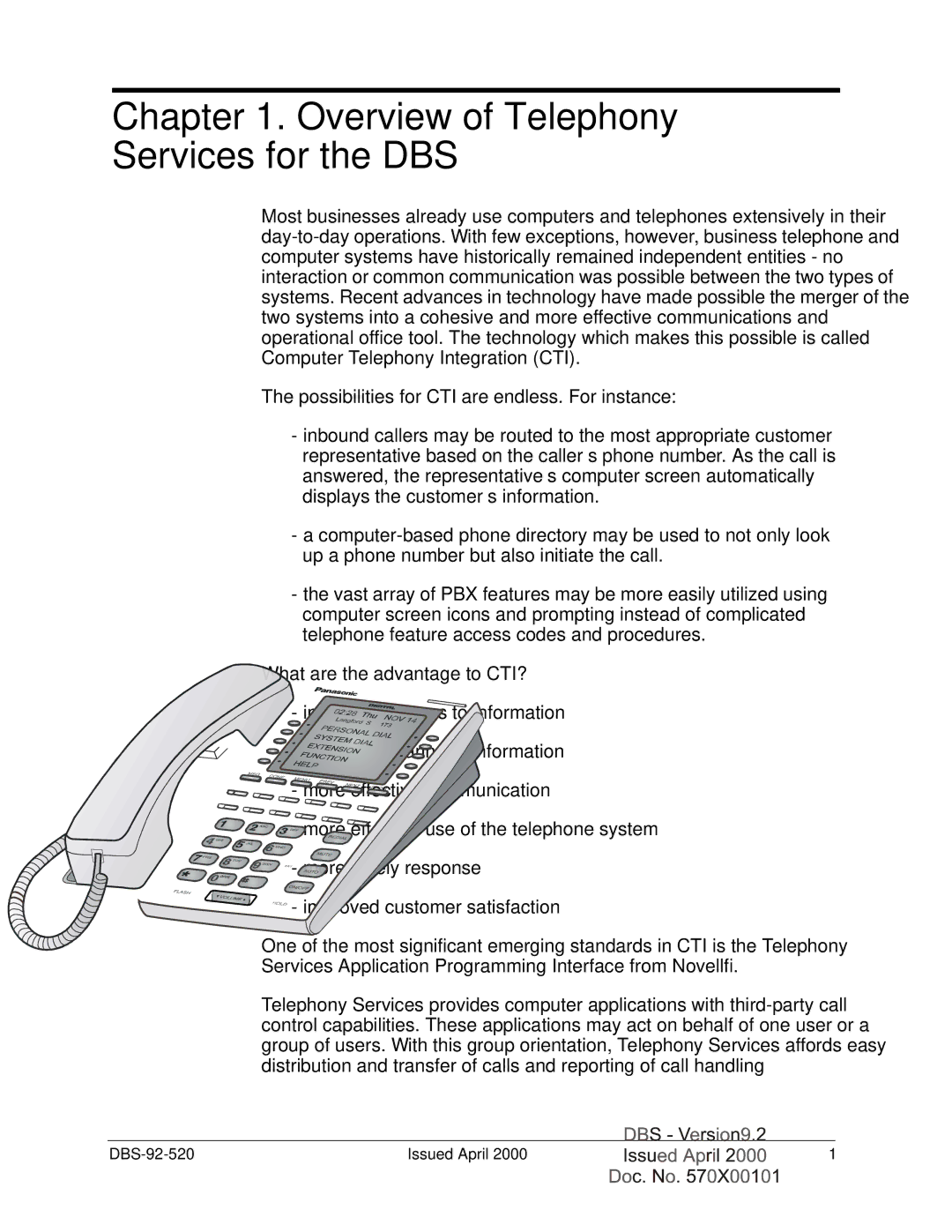 Panasonic Section 520 manual Overview of Telephony Services for the DBS 