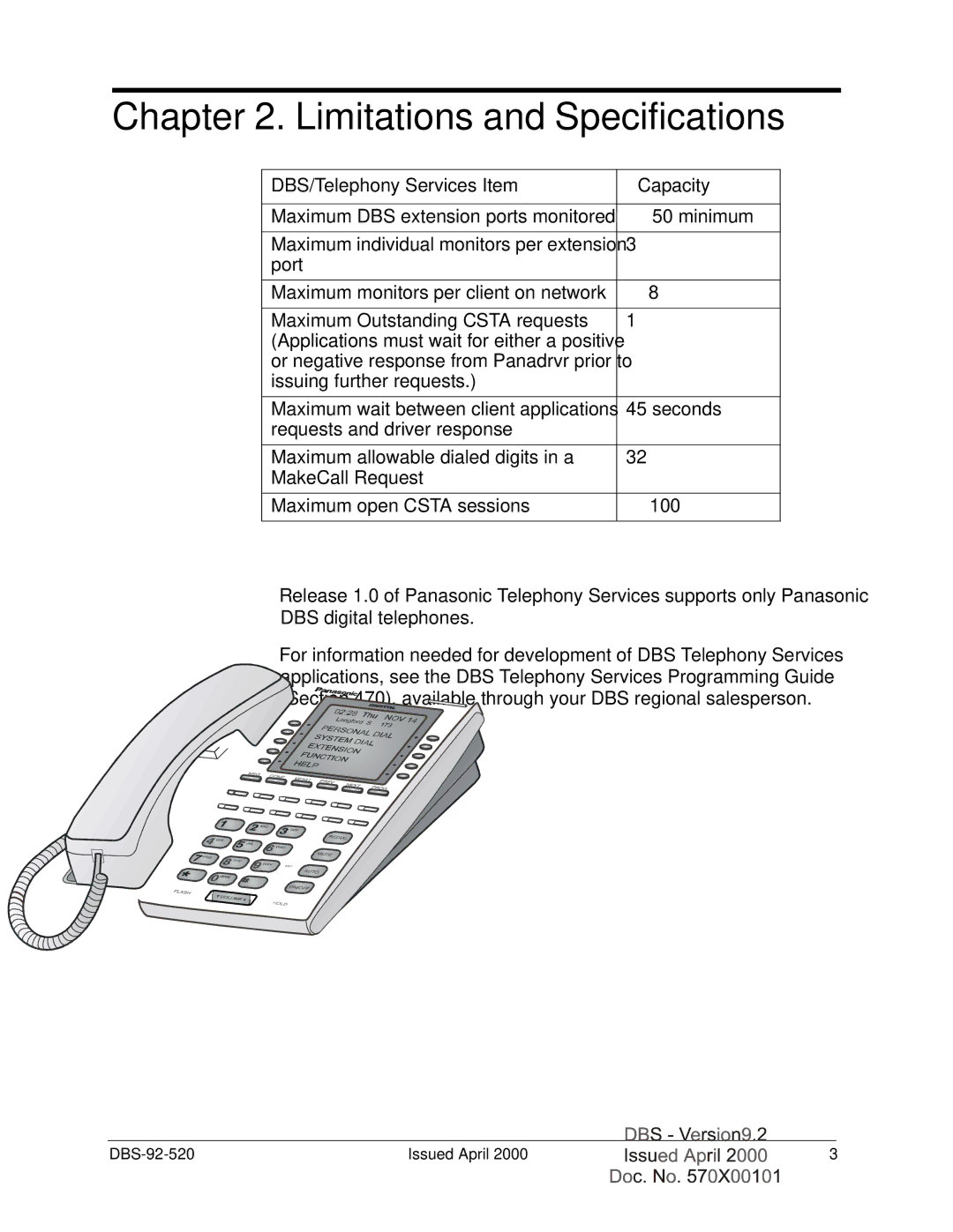 Panasonic Section 520 manual Limitations and Specifications, DBS/Telephony Services Item Capacity 