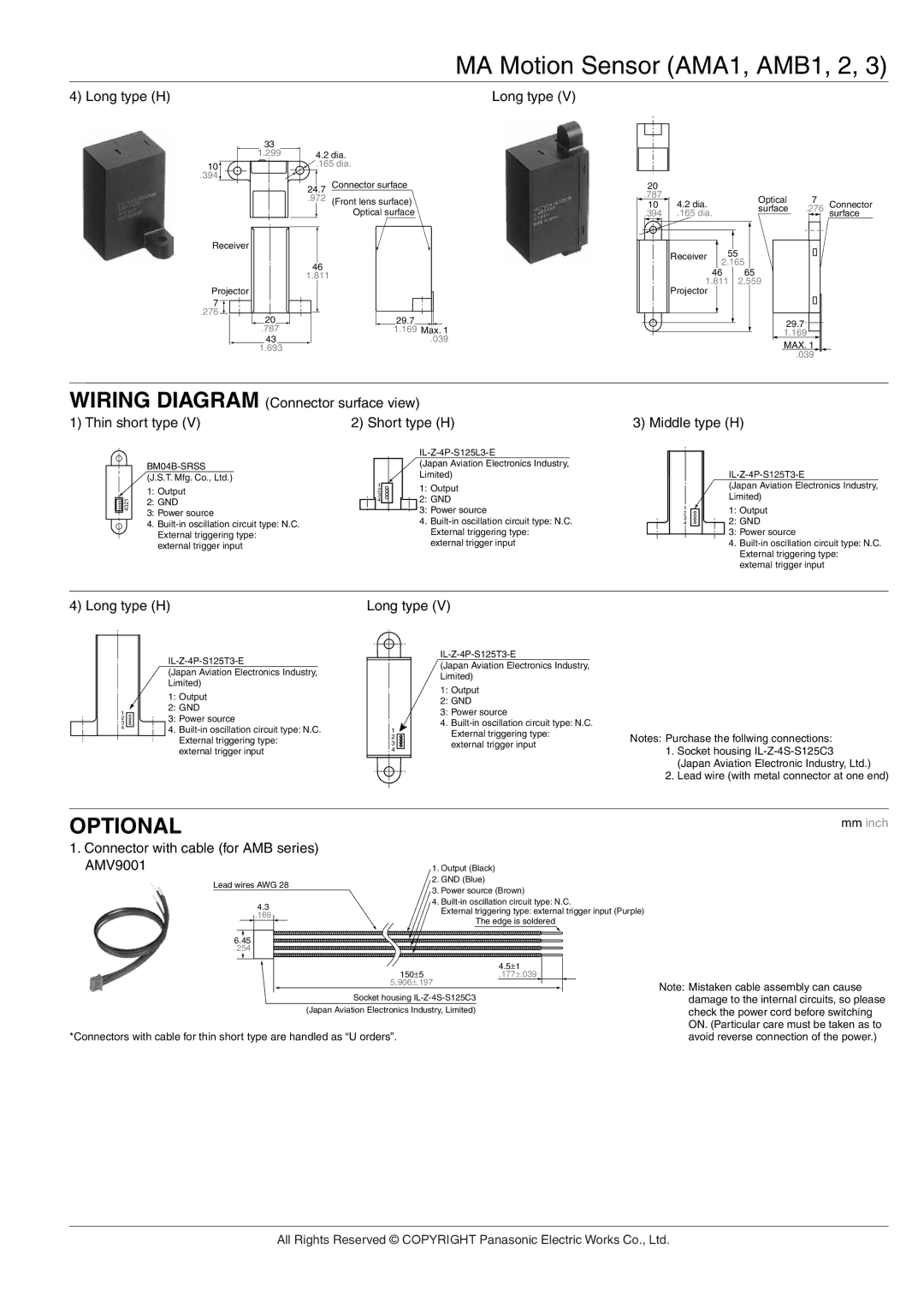 Panasonic Sensor Series manual Optional, Long type H, Connector with cable for AMB series AMV9001 