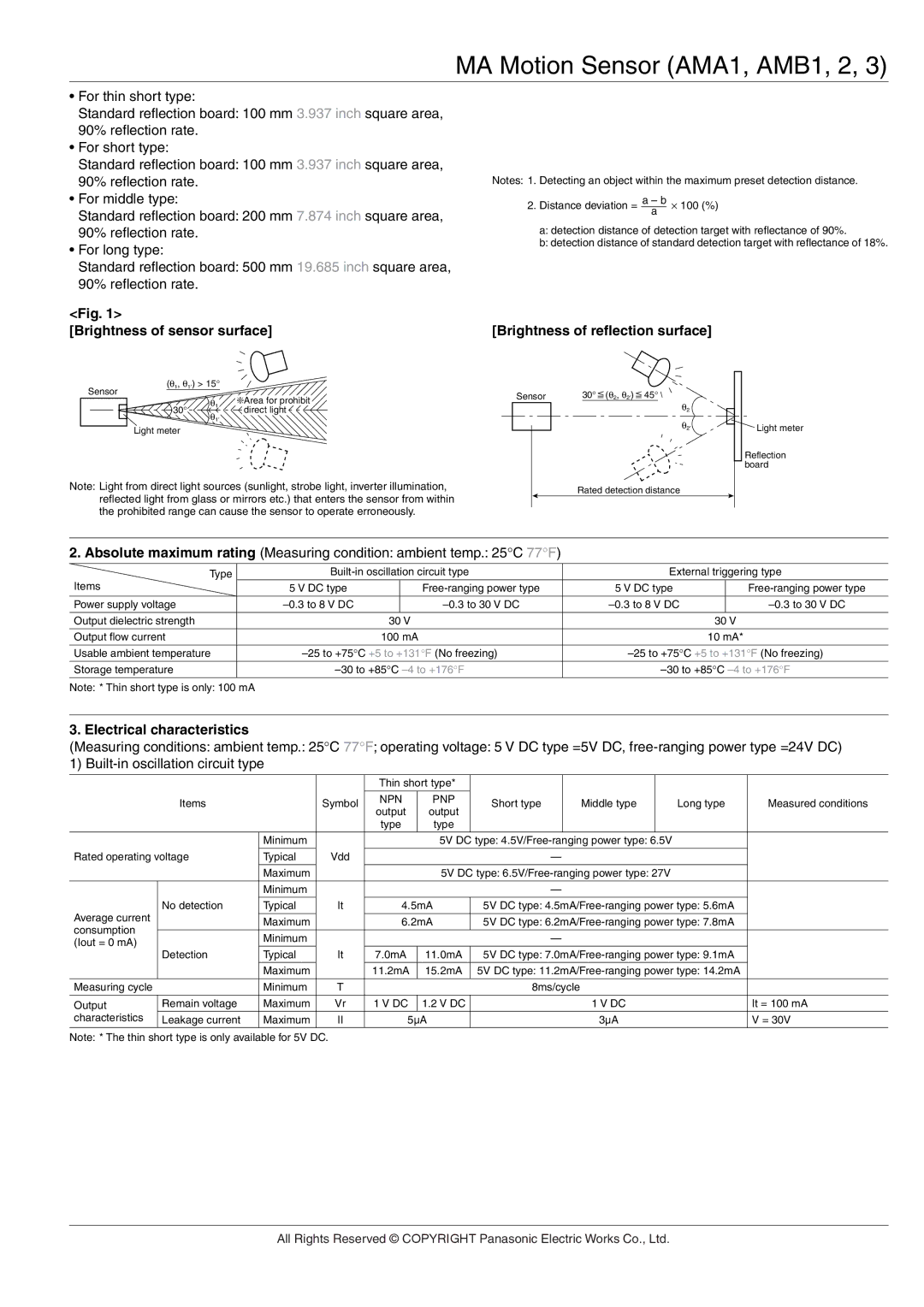 Panasonic Sensor Series manual Brightness of sensor surface, Brightness of reﬂection surface, Electrical characteristics 