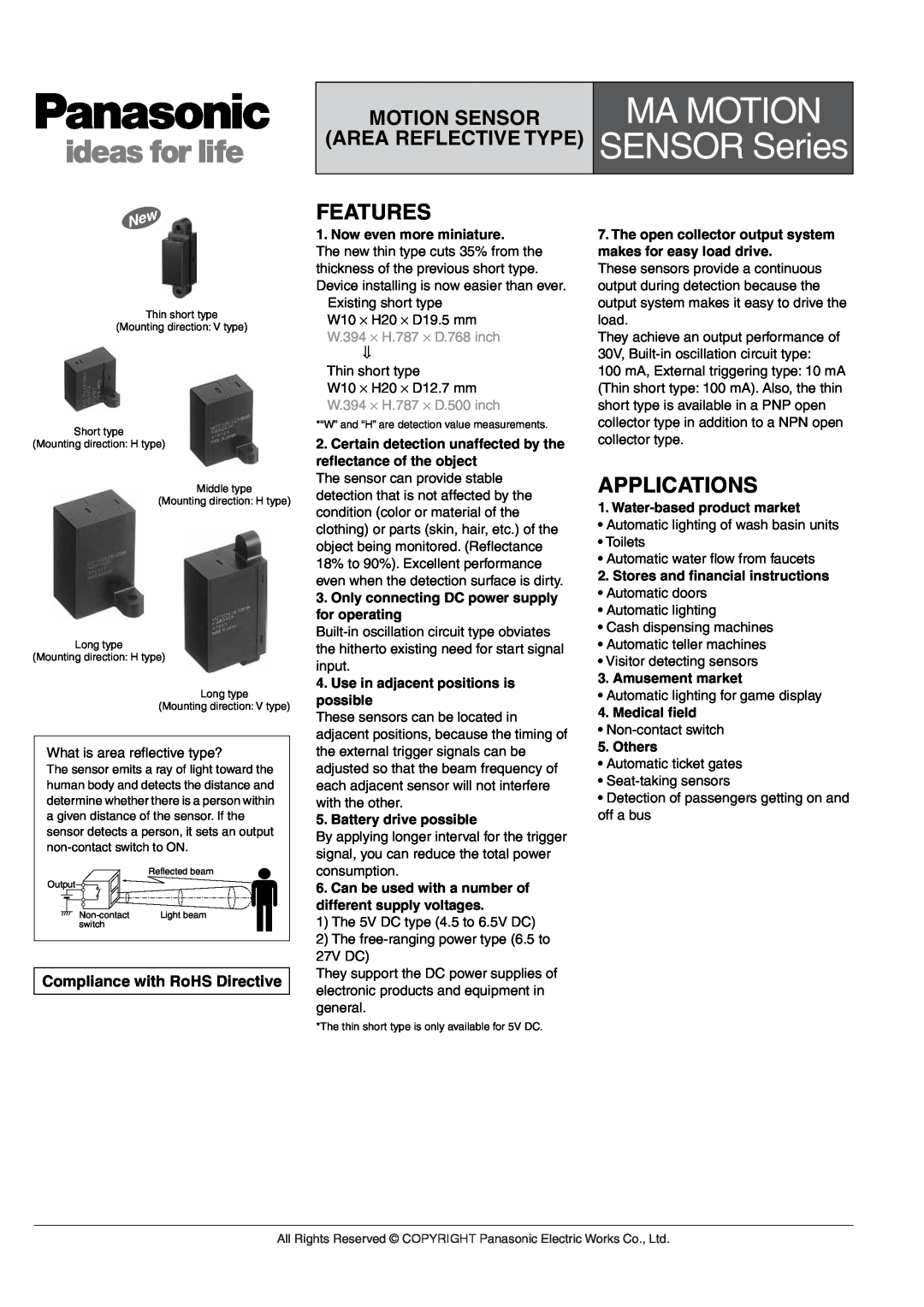 Panasonic Sensor Series manual MA Motion Sensor AMA1, AMB1, Features, Applications, Ma Motion, SENSOR Series 