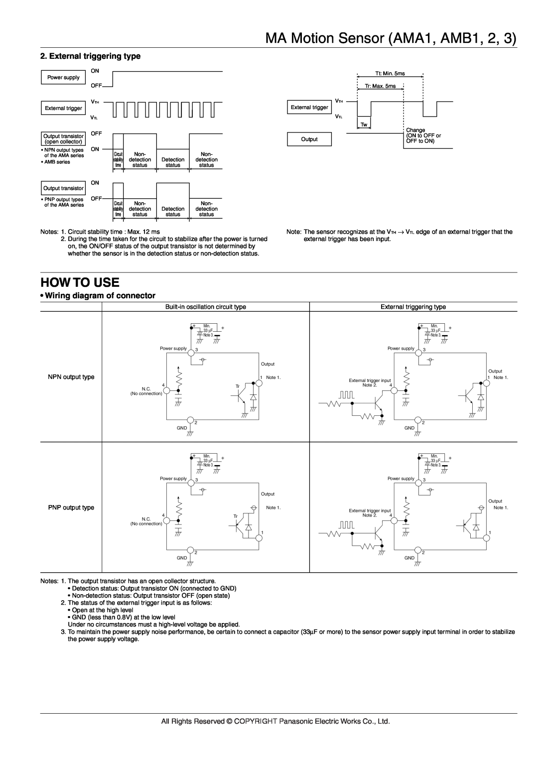 Panasonic Sensor Series How To Use, MA Motion Sensor AMA1, AMB1, External triggering type, Wiring diagram of connector 