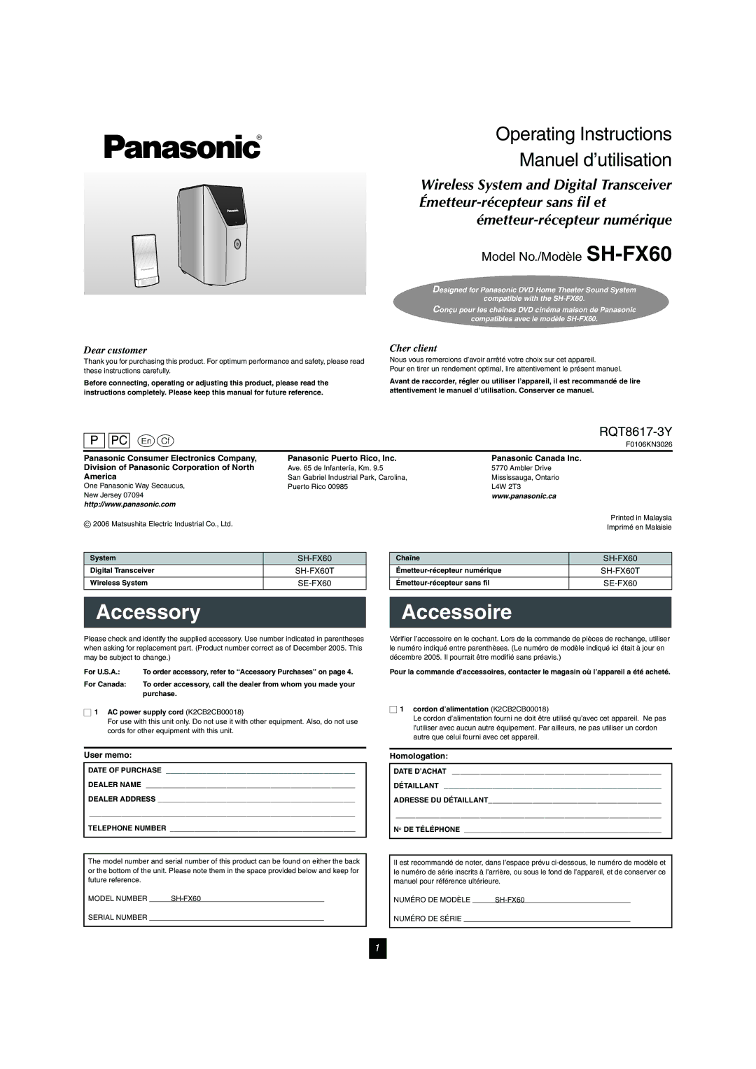 Panasonic SH-FX60 operating instructions Accessory, Accessoire, America, User memo, Homologation 