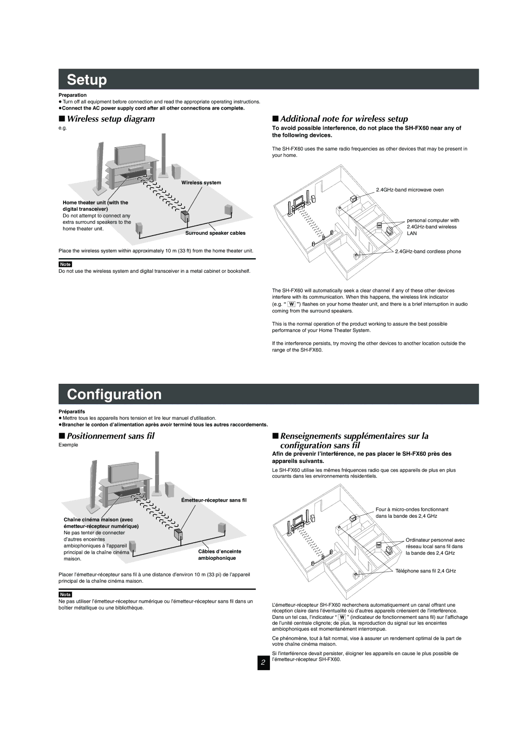 Panasonic SH-FX60 operating instructions Configuration, Nota, Preparation, Surround speaker cables, Préparatifs 