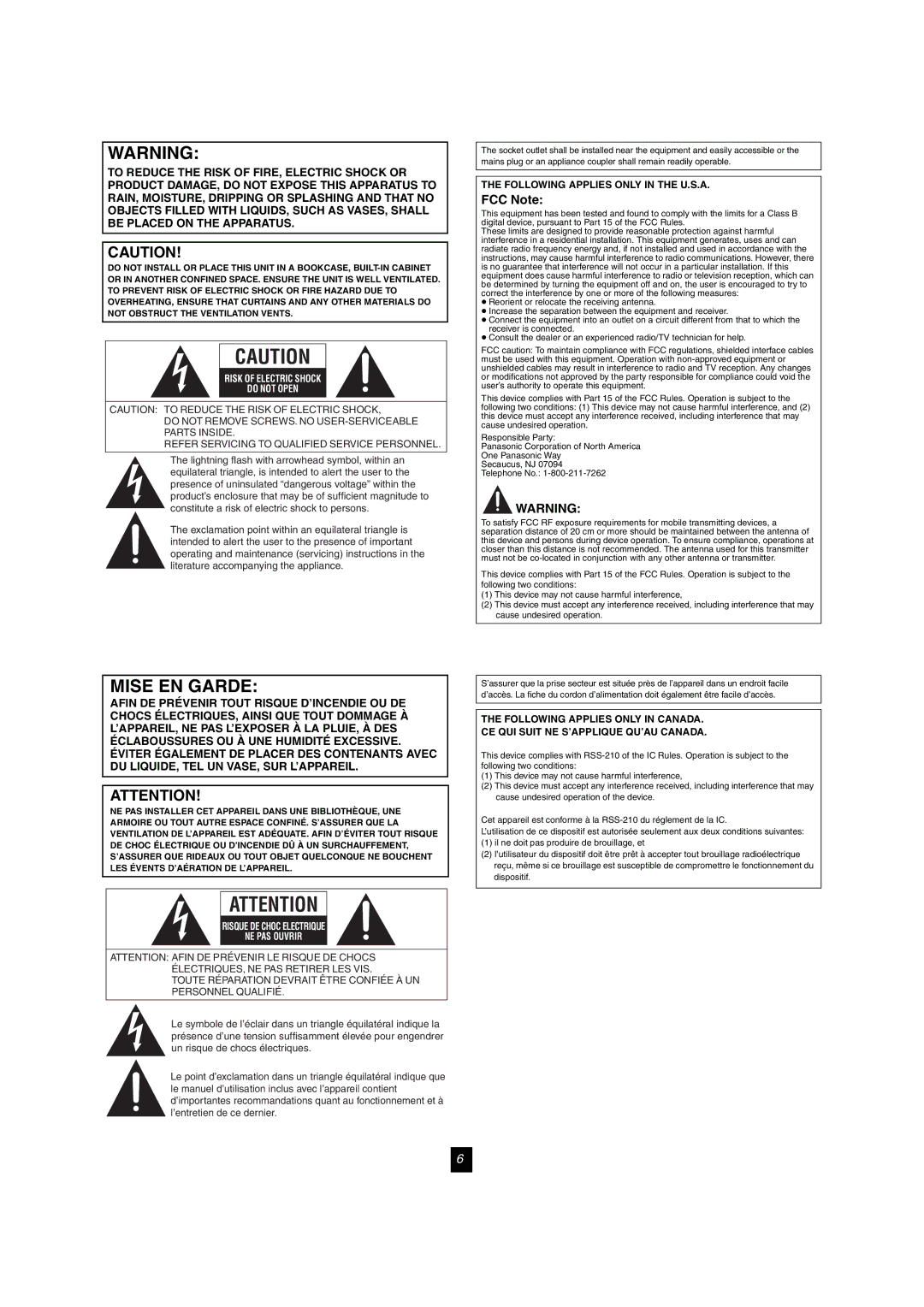 Panasonic SH-FX60 operating instructions FCC Note, Risk of Electric Shock Do not Open 