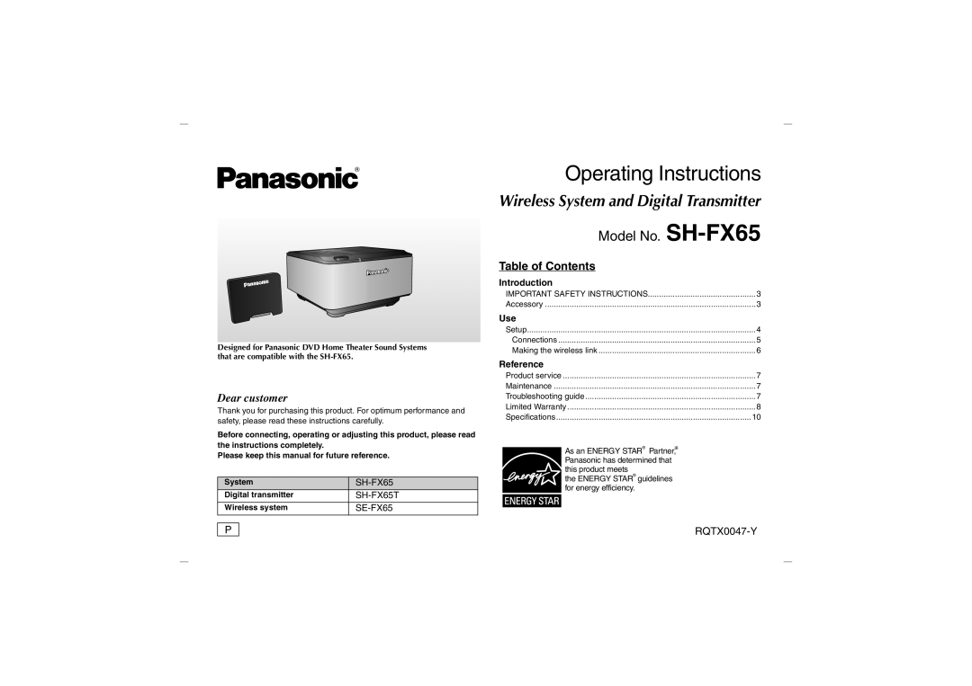 Panasonic SH-FX65 operating instructions Operating Instructions, Table of Contents 