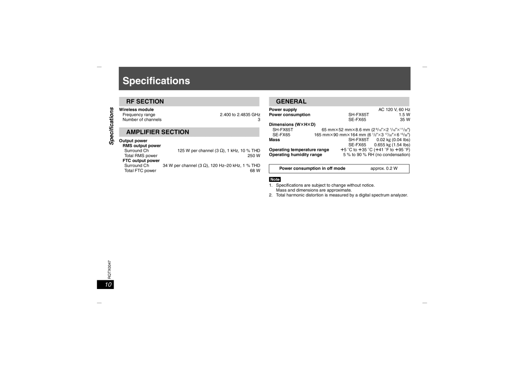 Panasonic SH-FX65 operating instructions Specifications 