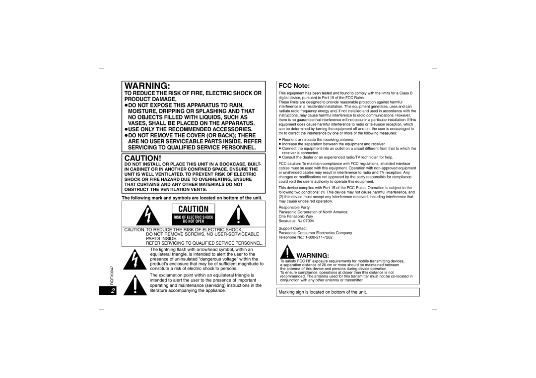 Panasonic SH-FX65 operating instructions FCC Note, Following mark and symbols are located on bottom of the unit 