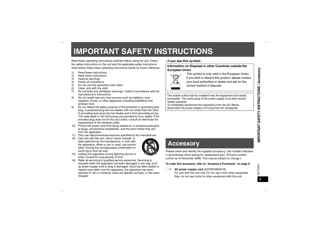 Panasonic SH-FX65 operating instructions Important Safety Instructions / Accessory 