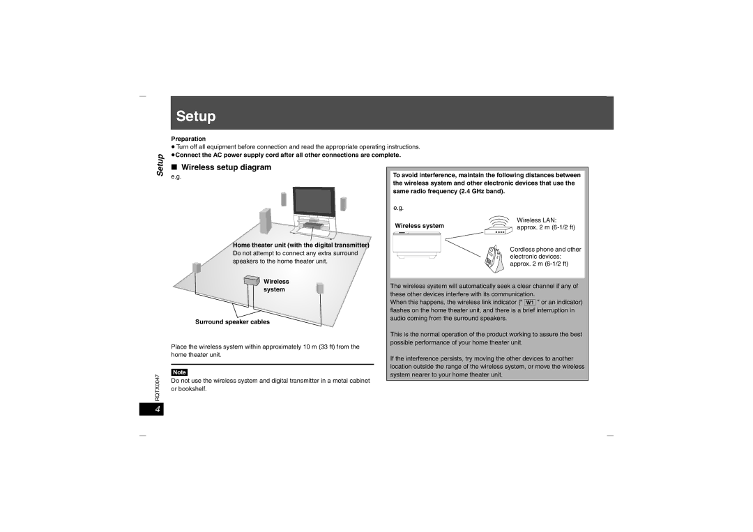 Panasonic SH-FX65 Setup, Wireless setup diagram, Preparation, Wireless system Surround speaker cables 