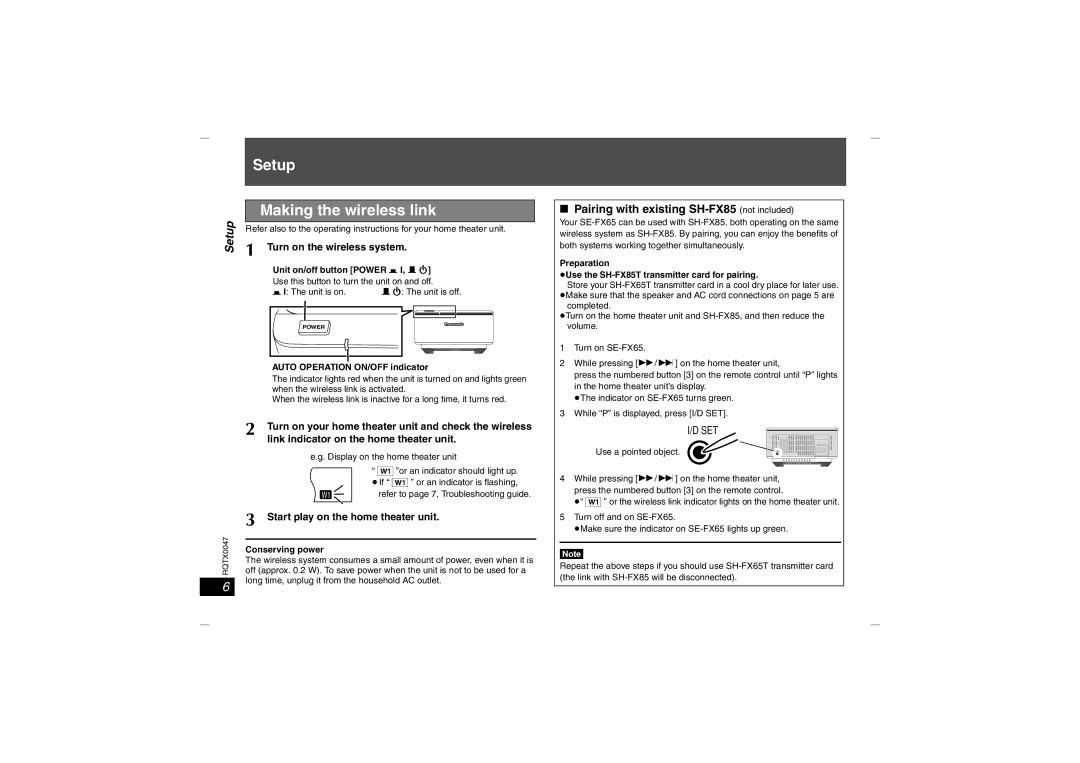 Panasonic SH-FX65 operating instructions Pairing with existing SH-FX85 not included, Turn on the wireless system 