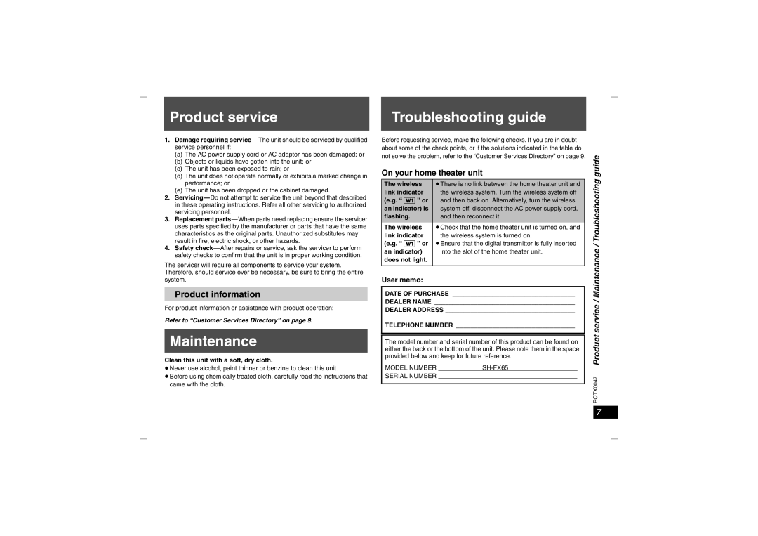 Panasonic SH-FX65 operating instructions Product service Troubleshooting guide, Maintenance, Product information, Guide 