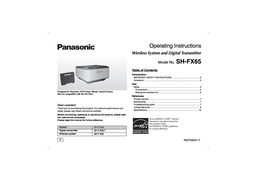 Panasonic operating instructions Table of Contents, RQTX0047-Y, SH-FX65T, SE-FX65, Introduction, Reference, System 