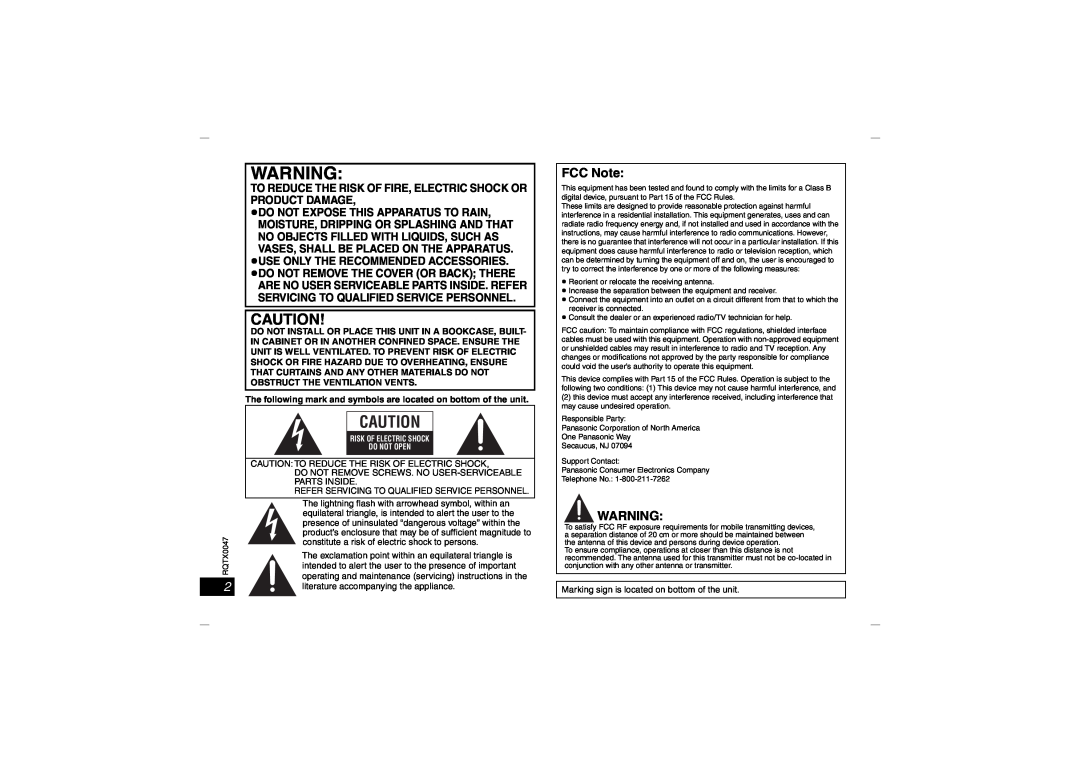 Panasonic SH-FX65 operating instructions FCC Note, To Reduce The Risk Of Fire, Electric Shock Or Product Damage 