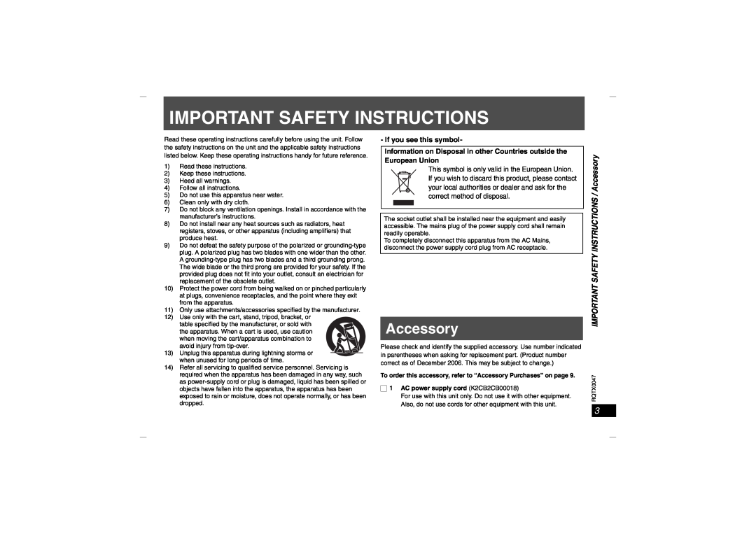 Panasonic SH-FX65 IMPORTANT SAFETY INSTRUCTIONS / Accessory, If you see this symbol, Important Safety Instructions 