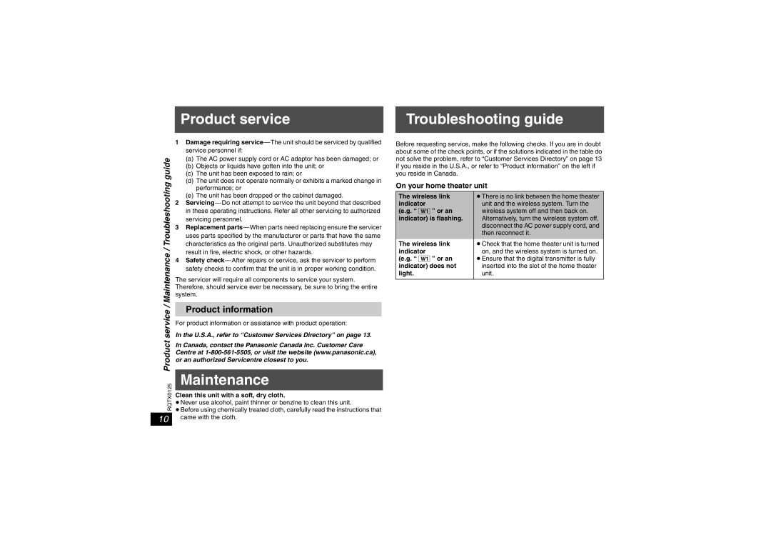 Panasonic SH-FX67 Product service Troubleshooting guide, Maintenance, Clean this unit with a soft, dry cloth 