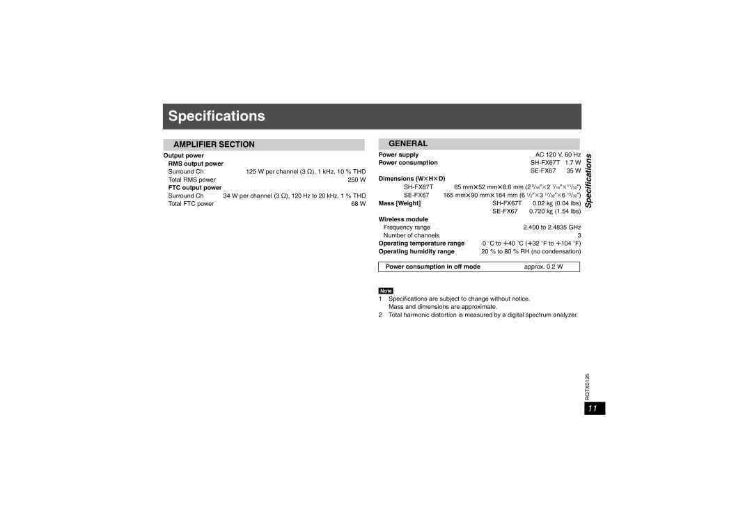 Panasonic SH-FX67 important safety instructions Specifications 