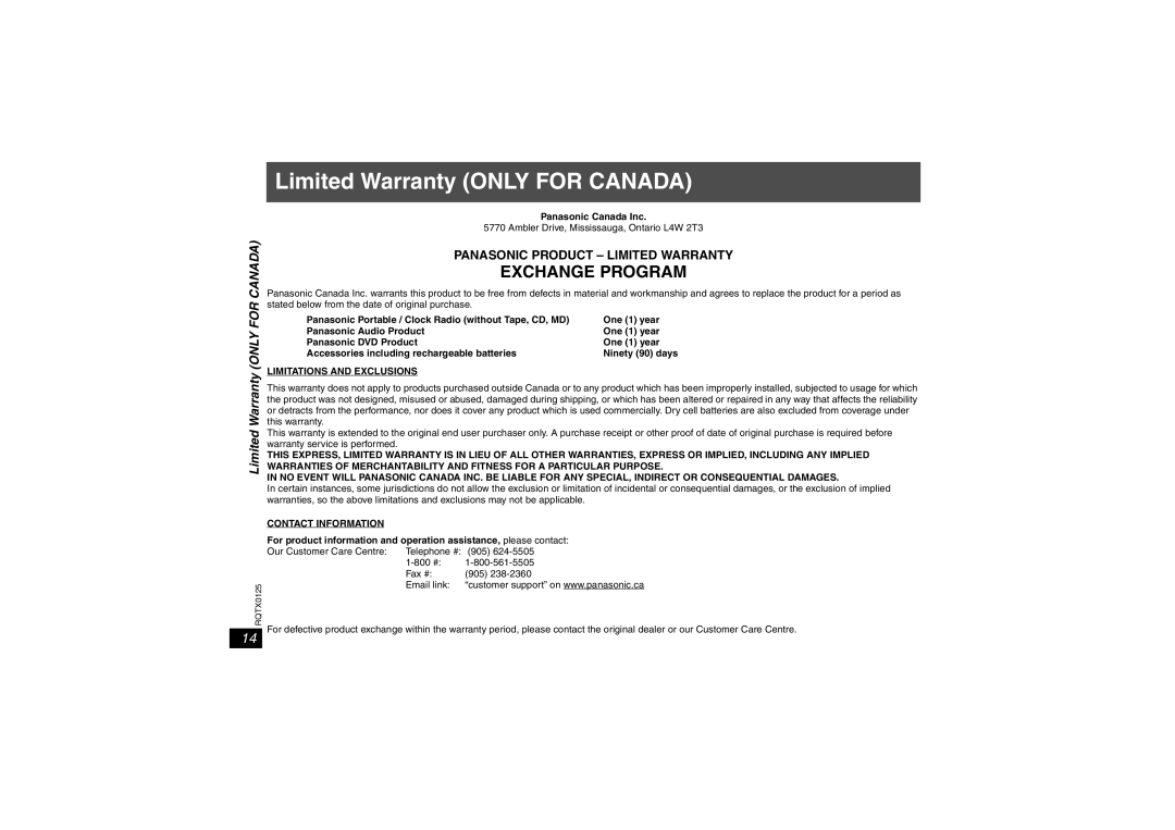 Panasonic SH-FX67 important safety instructions Limited Warranty only for Canada, Panasonic Canada Inc 