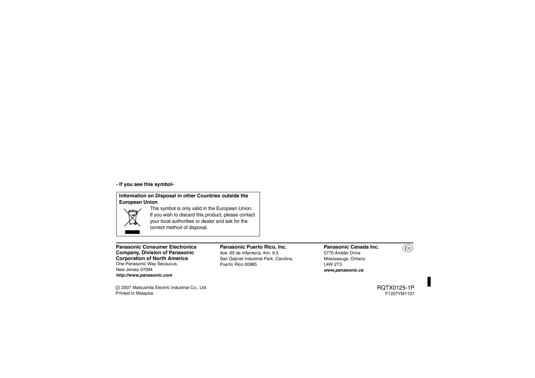 Panasonic SH-FX67 important safety instructions Corporation of North America 