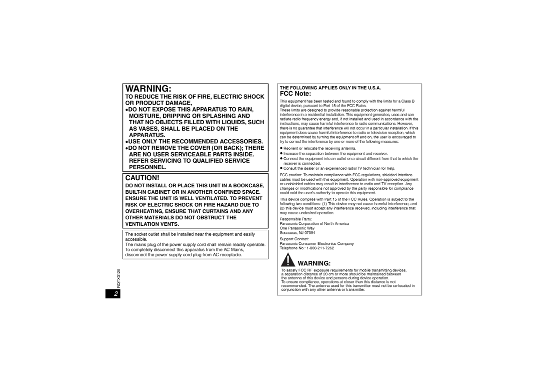 Panasonic SH-FX67 important safety instructions FCC Note 