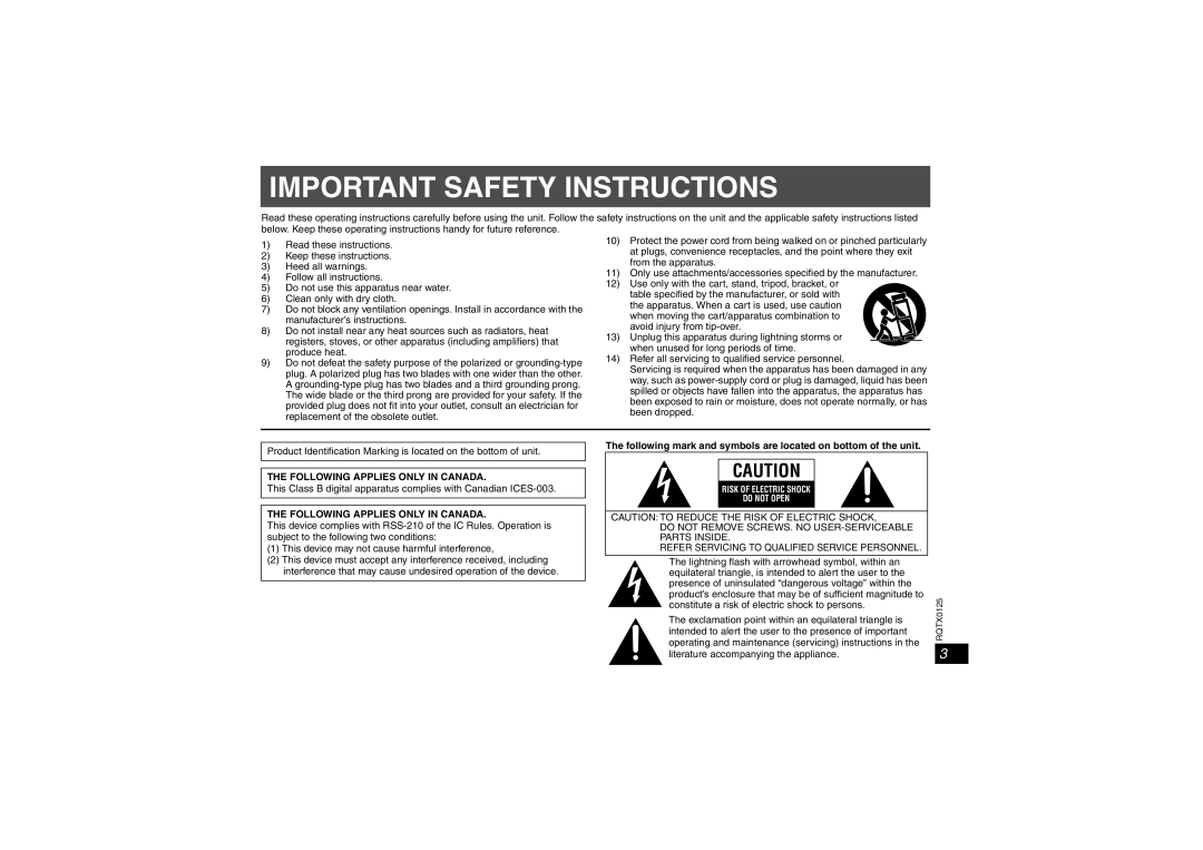 Panasonic SH-FX67 important safety instructions Important Safety Instructions 