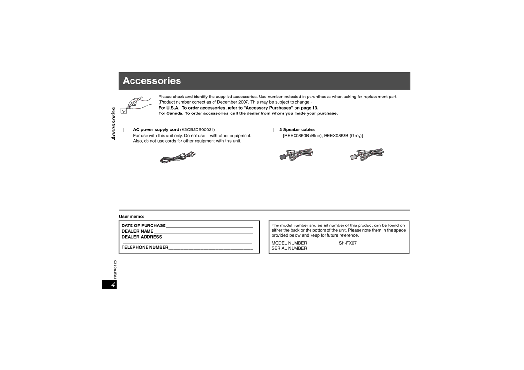 Panasonic SH-FX67 important safety instructions Accessories, User memo 