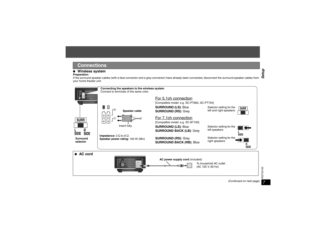 Panasonic SH-FX67 important safety instructions Wireless system, AC cord 