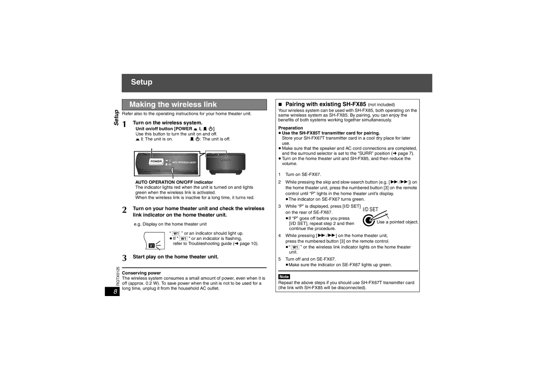 Panasonic SH-FX67 important safety instructions Pairing with existing SH-FX85 not included 