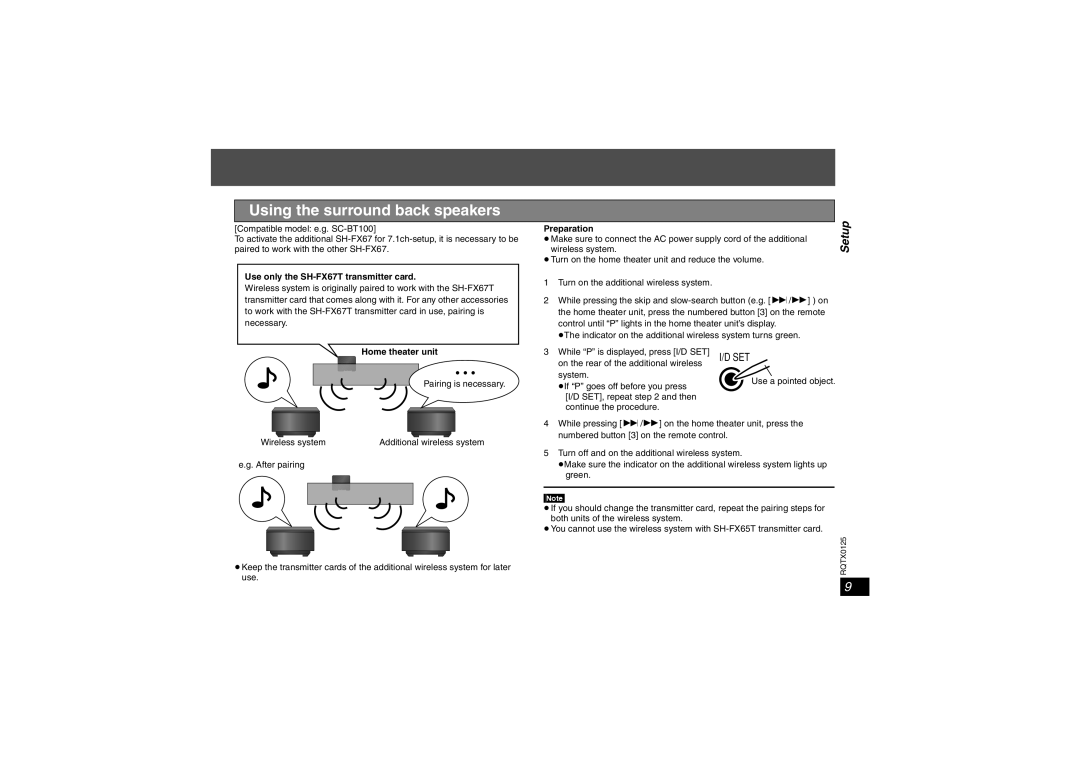 Panasonic important safety instructions Using the surround back speakers, Use only the SH-FX67T transmitter card 