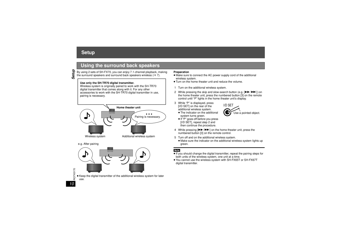 Panasonic SE-FX70 Setup Using the surround back speakers, Use only the SH-TR70 digital transmitter, Home theater unit 