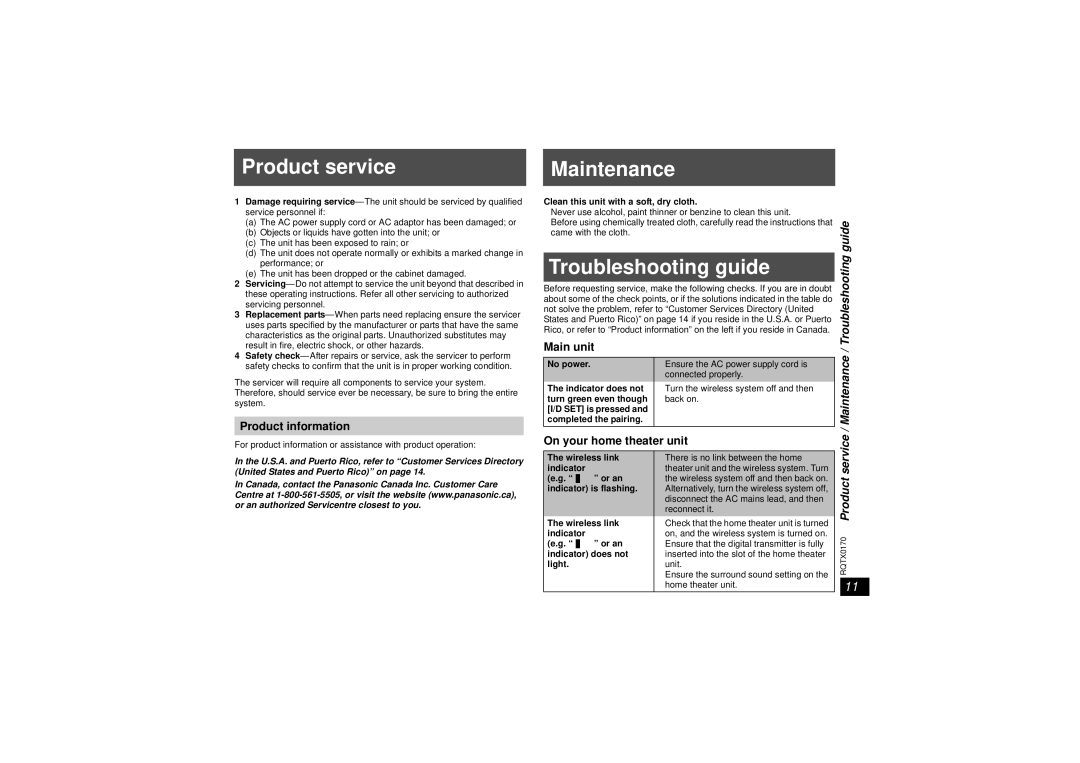 Panasonic SH-TR70, SH-FX70, SE-FX70 operating instructions Product service, Maintenance, Troubleshooting guide 