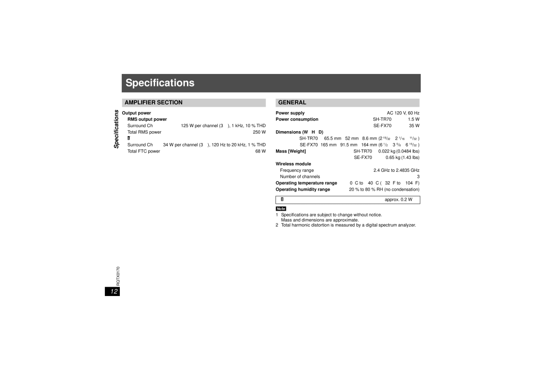 Panasonic SH-FX70, SE-FX70, SH-TR70 operating instructions Specifications 