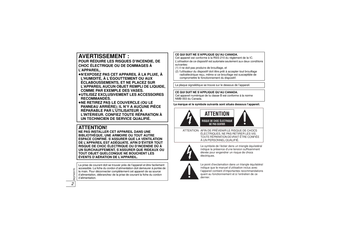 Panasonic SH-TR70, SH-FX70, SE-FX70 operating instructions Avertissement 