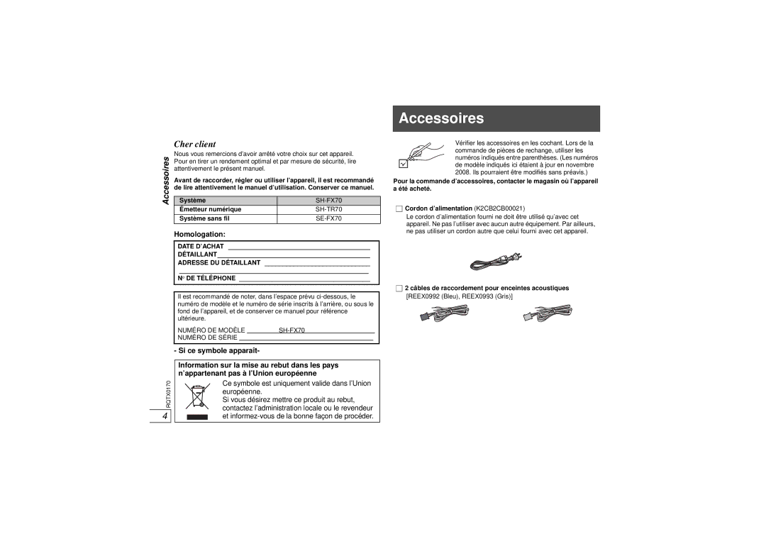 Panasonic SE-FX70, SH-FX70, SH-TR70 operating instructions Accessoires, Homologation 