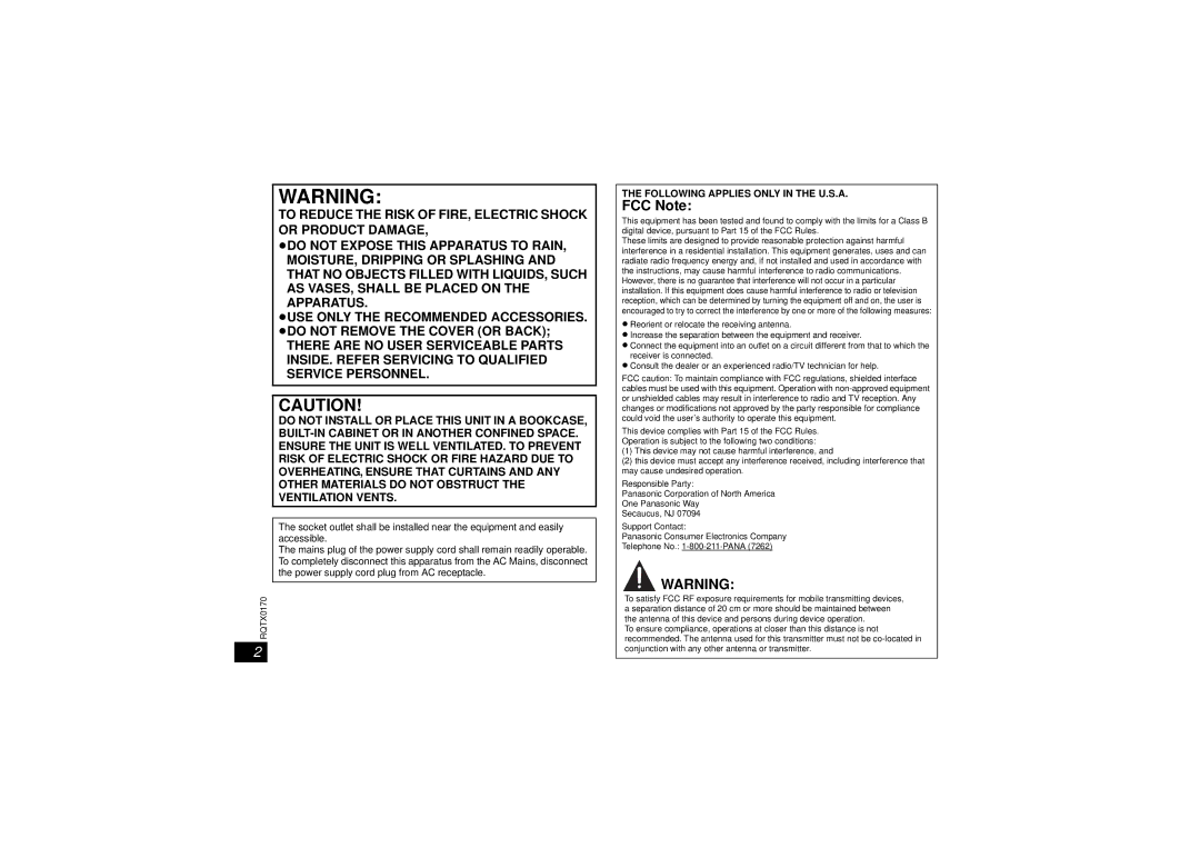 Panasonic SH-TR70, SH-FX70, SE-FX70 operating instructions FCC Note 