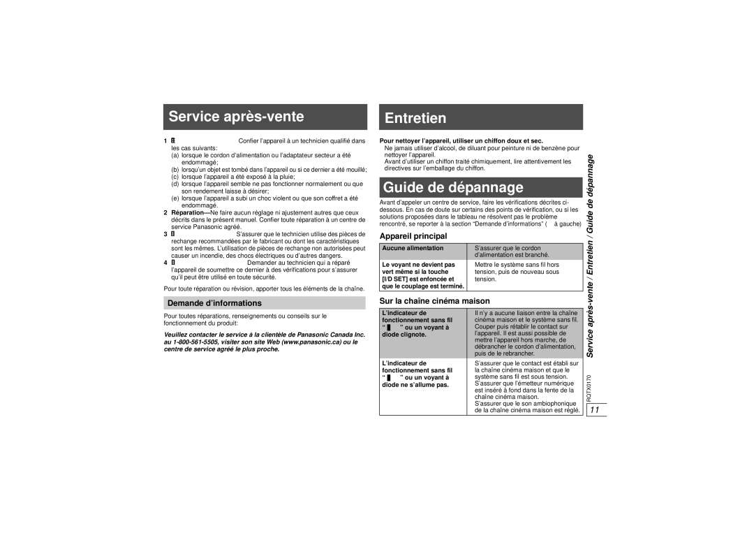 Panasonic SH-TR70, SH-FX70, SE-FX70 operating instructions Service après-vente, Entretien, Guide de dépannage 