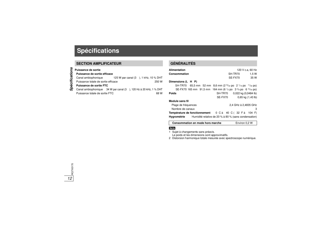 Panasonic SH-FX70, SE-FX70, SH-TR70 operating instructions Spécifications 