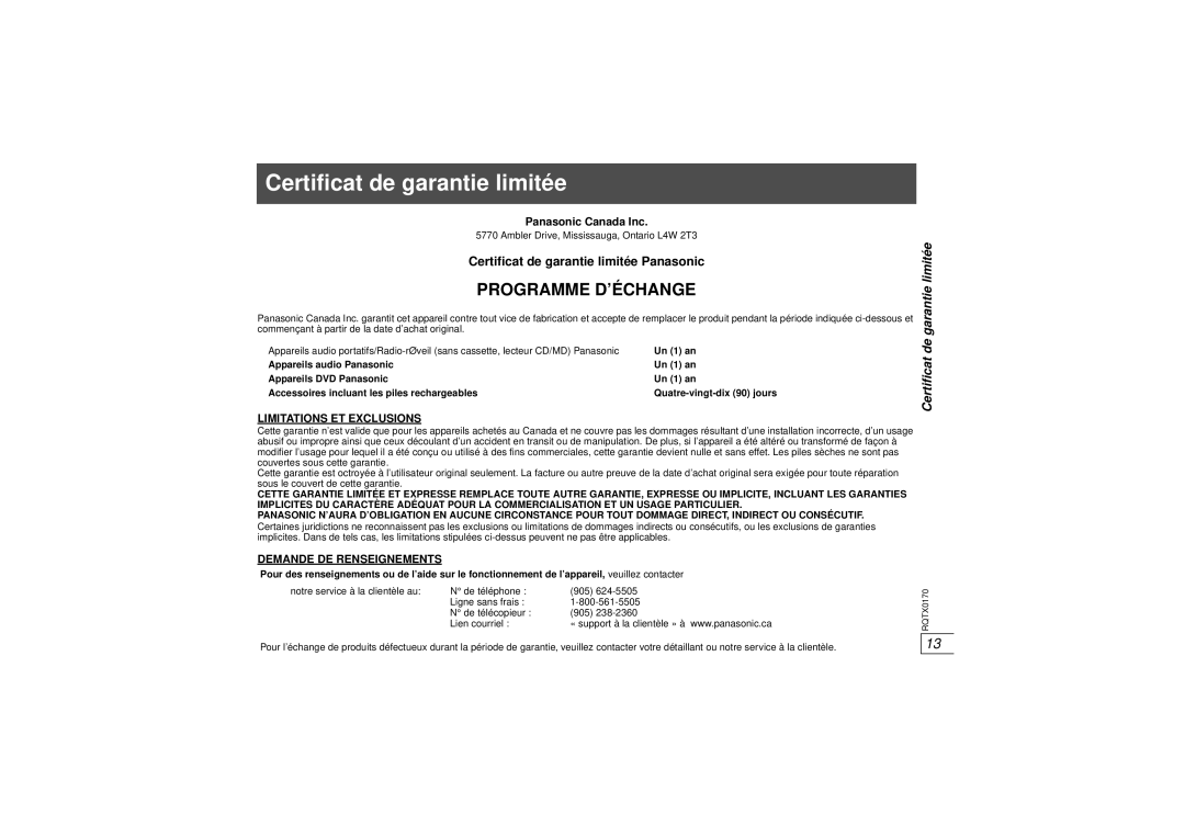 Panasonic SE-FX70, SH-FX70, SH-TR70 operating instructions Certificat de garantie limitée Panasonic, Panasonic Canada Inc 