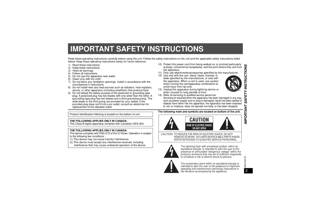 Panasonic SH-FX70, SE-FX70, SH-TR70 operating instructions Important Safety Instructions 