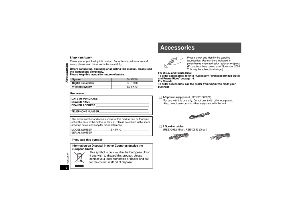 Panasonic SE-FX70, SH-FX70, SH-TR70 Accessories, If you see this symbol, Safety, please read these instructions carefully 