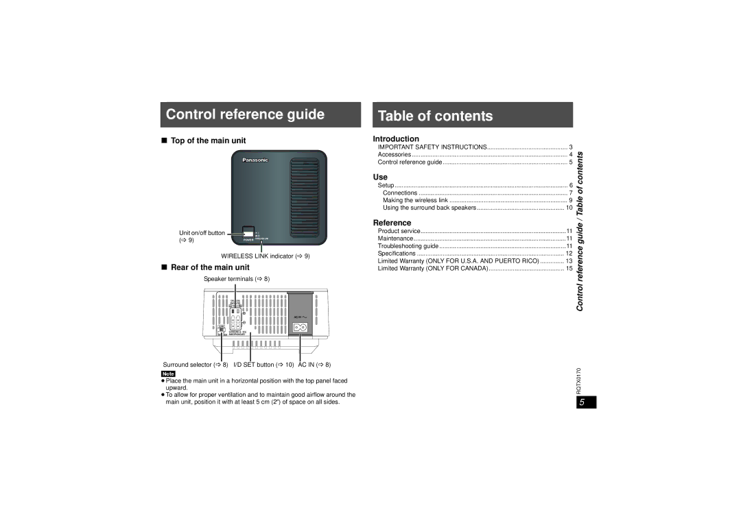 Panasonic SH-TR70, SH-FX70, SE-FX70 operating instructions Control reference guide, Table of contents 