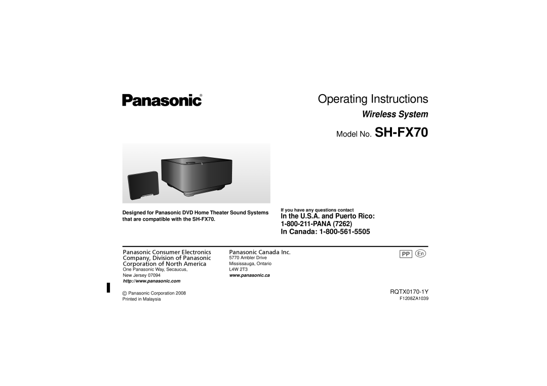 Panasonic SE-FX70, SH-TR70 operating instructions Operating Instructions, Wireless System, Model No. SH-FX70, In Canada 